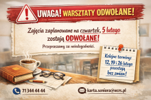 Plakat  z informacja o odwołaniu zajęć 5.02.26