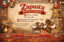 Plakat zapraszajacy na zapusty, w tle para w krakowskim stroju, pączki, ludowi przebierańcy.