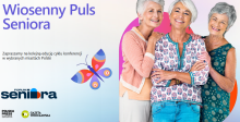 Plakat na którym są po prawej stronie trzy uśmiechnięte seniorki.