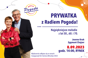 Grafika zapowiadająca Prywatkę z Radiem Pogoda w ramach Dni Seniora 2023 w dniu 8.09.2023. Na grafice kobieta w czerwonej bluzce i obok mężczyzna w czarnej marynarce.