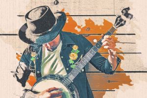 Na obrazku muzyk z gitarą w kapeluszu.