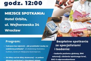 Plakat zapraszający na wydarzenie prozdrowotne Klub Pacjenta zapraszający na cykl wykładów 12 maja 2025 we Wrocławiu. 