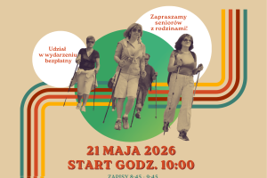 Plakat w stylu retro zapowiada 6. Mistrzostwa Senioralne w Nordic Walking we Wrocławiu, przedstawiając grupę starszych osób maszerujących z kijkami oraz informacje o darmowym wydarzeniu 21 maja 2026 roku w Parku przy Hali Orbita.