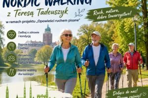 plakat z seniorami chodzącymi z kijami do nordic walking.