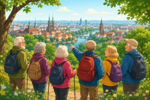 Grafika wygenerowana prze AI. Stojący tyłem seniorzy z plecaczkami na szczycie góry, patrzacy na Wrocław.
