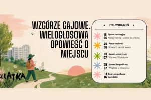 Plakat promujący projekt "Wzgórze Gajowe. Wielogłosowa opowieść o miejscu" z harmonogramem spacerów, warsztatów odbywających się od 18 czerwca do 11 lipca na Wzgórzu Gajowym we Wrocławiu.