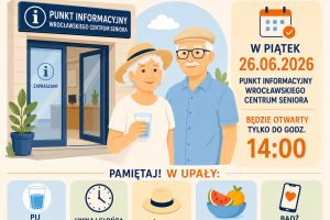 Infografika informująca, że w piątek 26 czerwca 2026 r. Punkt Informacyjny Wrocławskiego Centrum Seniora będzie czynny tylko do godziny 14:00 z powodu upałów oraz przypominająca najważniejsze zasady bezpieczeństwa podczas wysokich temperatur.