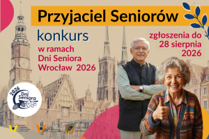 Grafika z parą seniorów zapraszająca do udziału w konkursie pt. Przyjaciel Seniorów 2026.