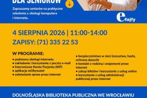 Grafika granatowo-żółta z zaproszeniem dla Seniorów na szkolenie pt. „eFajfy – rozwój kompetencji cyfrowych” - bezpłatne szkolenie z zakresu kompetencji cyfrowych dla Seniorów.