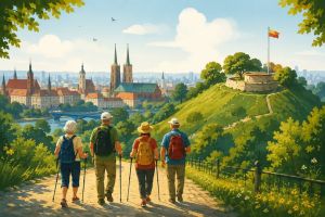 Na kolorowej grafice widać 4 seniorów z kijkami na ścieżce na wzgórzu patrzą na katedrę i architekturę miejską.