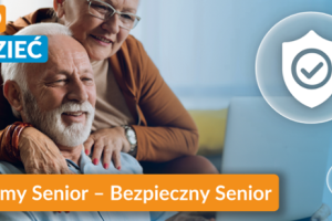Grafika z panią seniorką i panem seniorem i napisem: warto wiedzieć. Świadomy Senior  - Bezpieczny Senior.