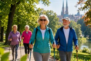 Seniorzy podczas zajęć nordic walking w zielonym parku we Wrocławiu