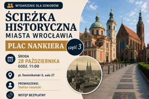 Grafika z zapowiedzią spotkania pt. Poznaj historię Wrocławia – Ścieżka Historyczna Placu Nankiera.