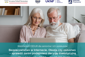 Plakat z seniorką i seniorem przed komputerem.